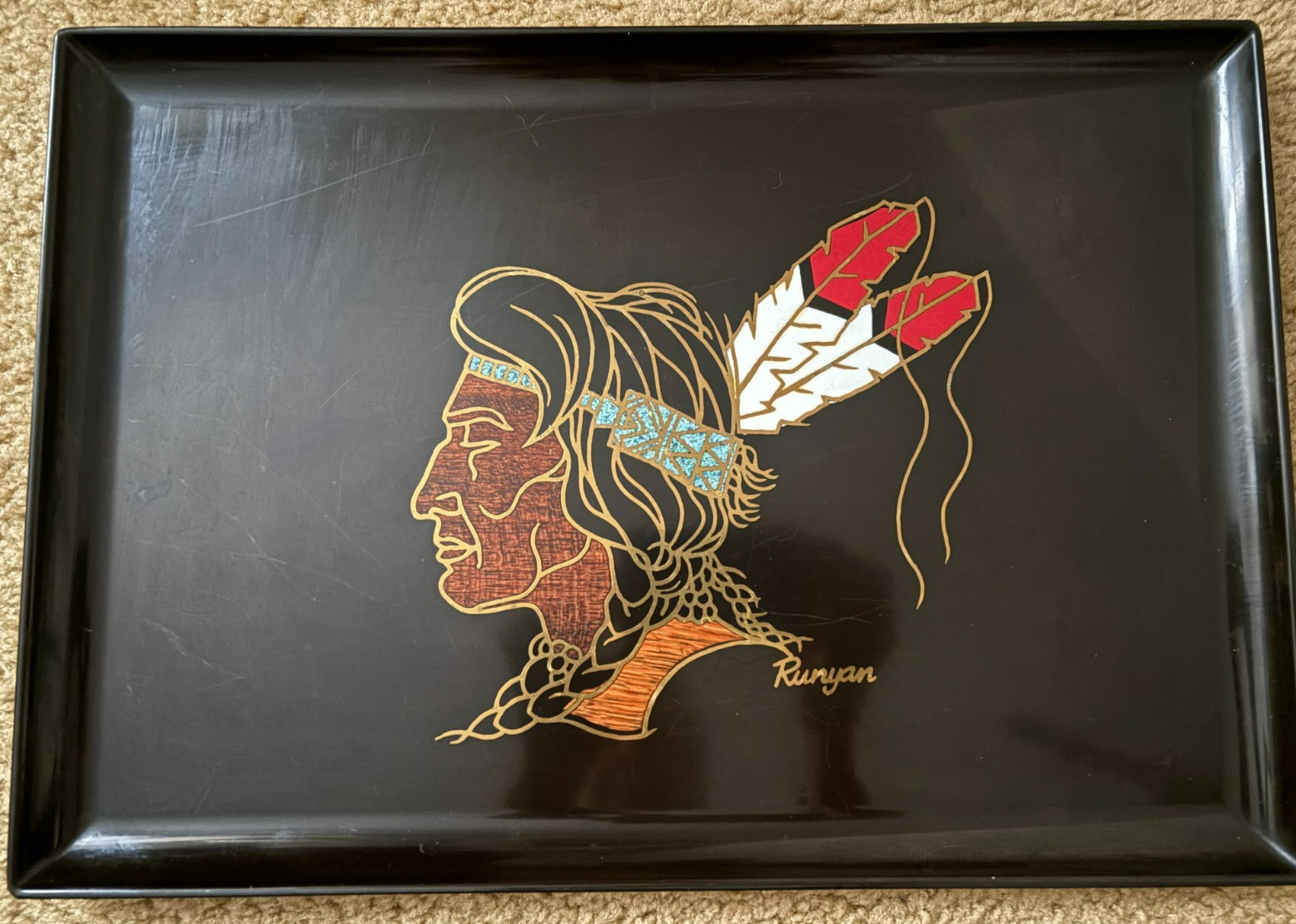 RARE Couroc Large Tray Native American SIGNED by Artist \'Runyan\'