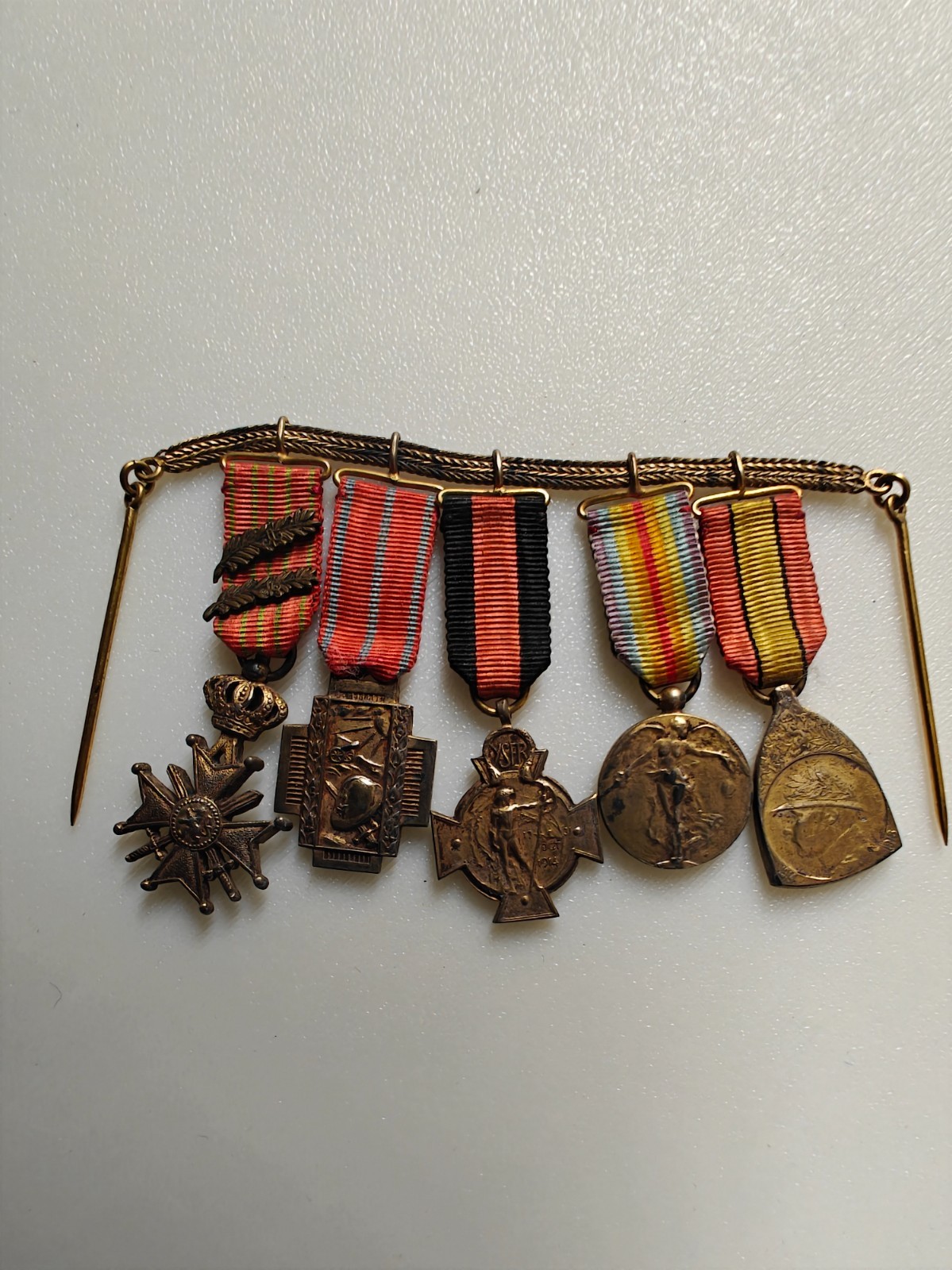 Belgium WWI miniature medal bar – War Cross, Fire Cross, Yser, Victory, 1914-18
