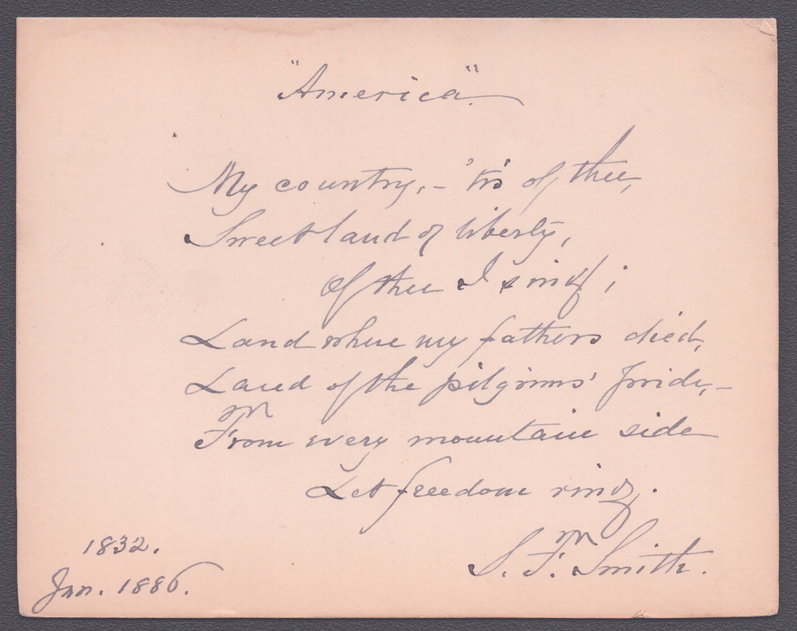 SAMUEL FRANCIS SMITH - AUTOGRAPH POEM SIGNED 1/1886