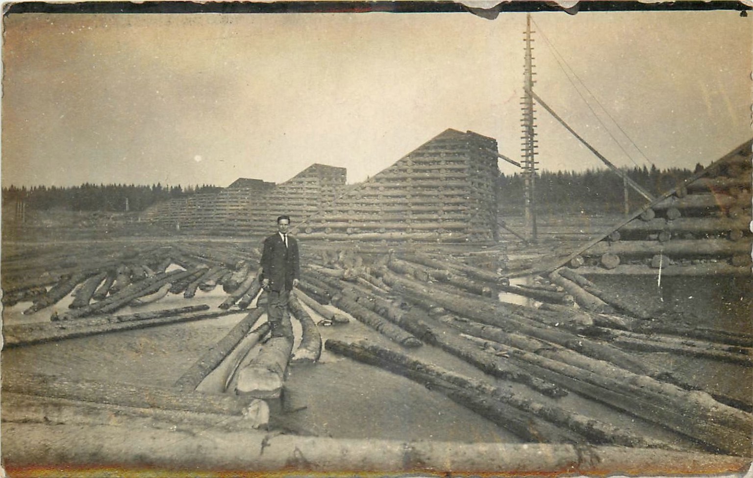 1910 St John River Maine Logging Camp RPPC Man Log Drive Timber Industry