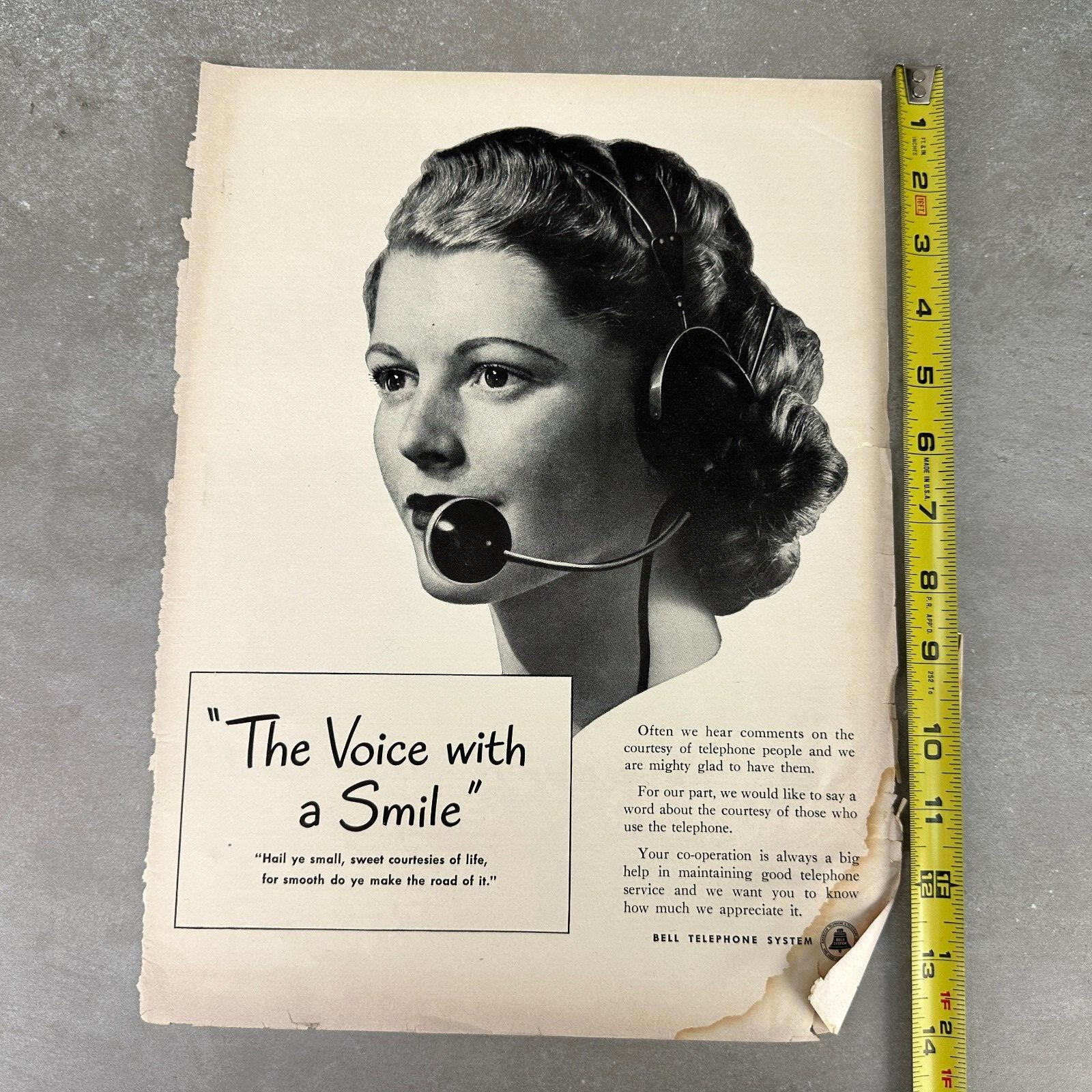 Vintage BELL TELEPHONE SYSTEM 1949 Print Ad Advertising Operator Headset Pretty