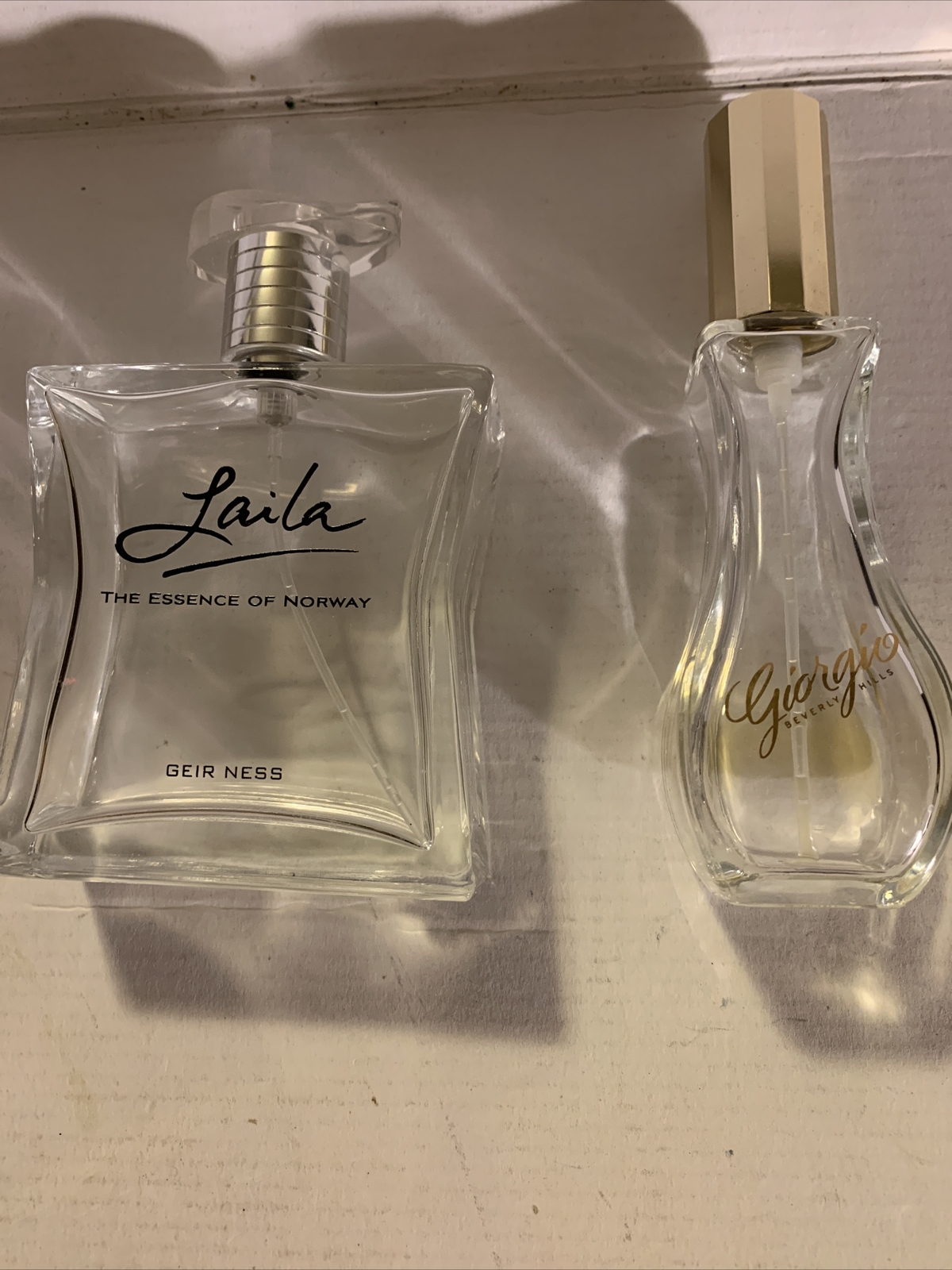 Empty Perfume Bottles Giorgio Beverly Hills and Laila Essence of Norway