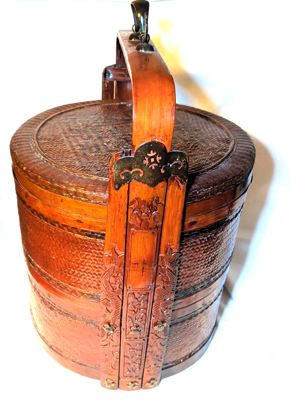 Rare Qing Dynasty 2-Tiered Chinese Brides Wedding Basket, Dragon Handles 22\ Rare Qing Dynasty 2-Tiered Chinese Brides Wedding Basket, Dragon Handles 22\