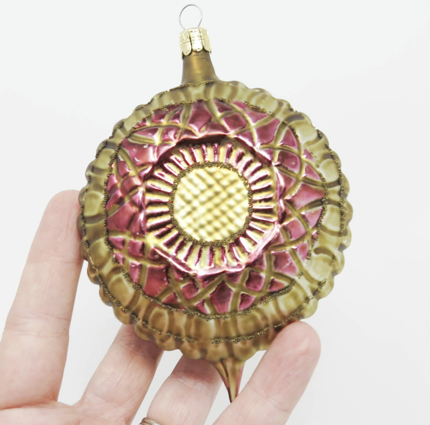 Vtg Hand Blown Glass Sunflower Finial Drop Xmas Ornament ~ Czech ~ 4-1/2\