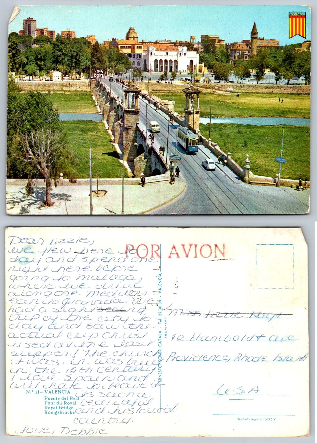 Vintage Valencia Spain Royal Bridge Puente del Real Tram Postcard 1960s