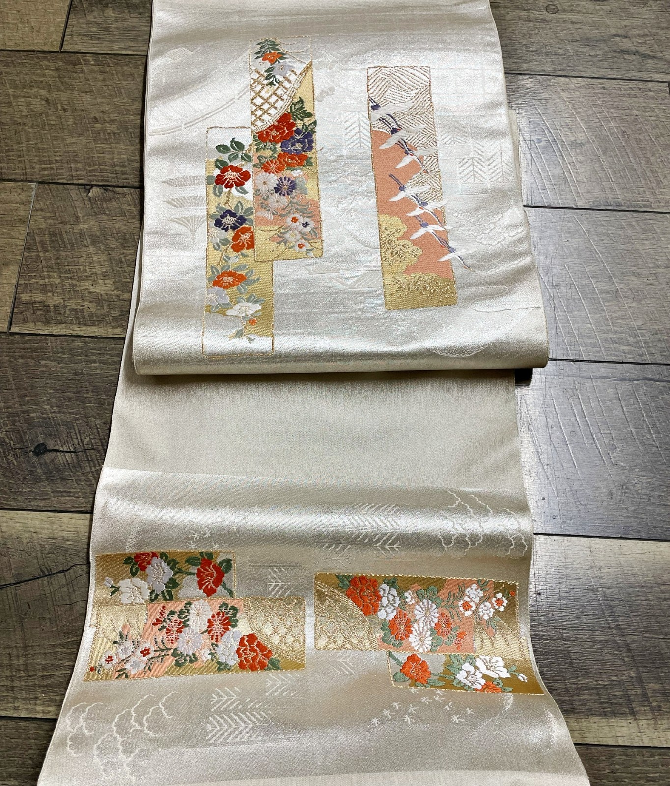 Vintage Nishijin Hirai Nagoya Obi Fabric Pure Silk Real Gold Joruri Emaki