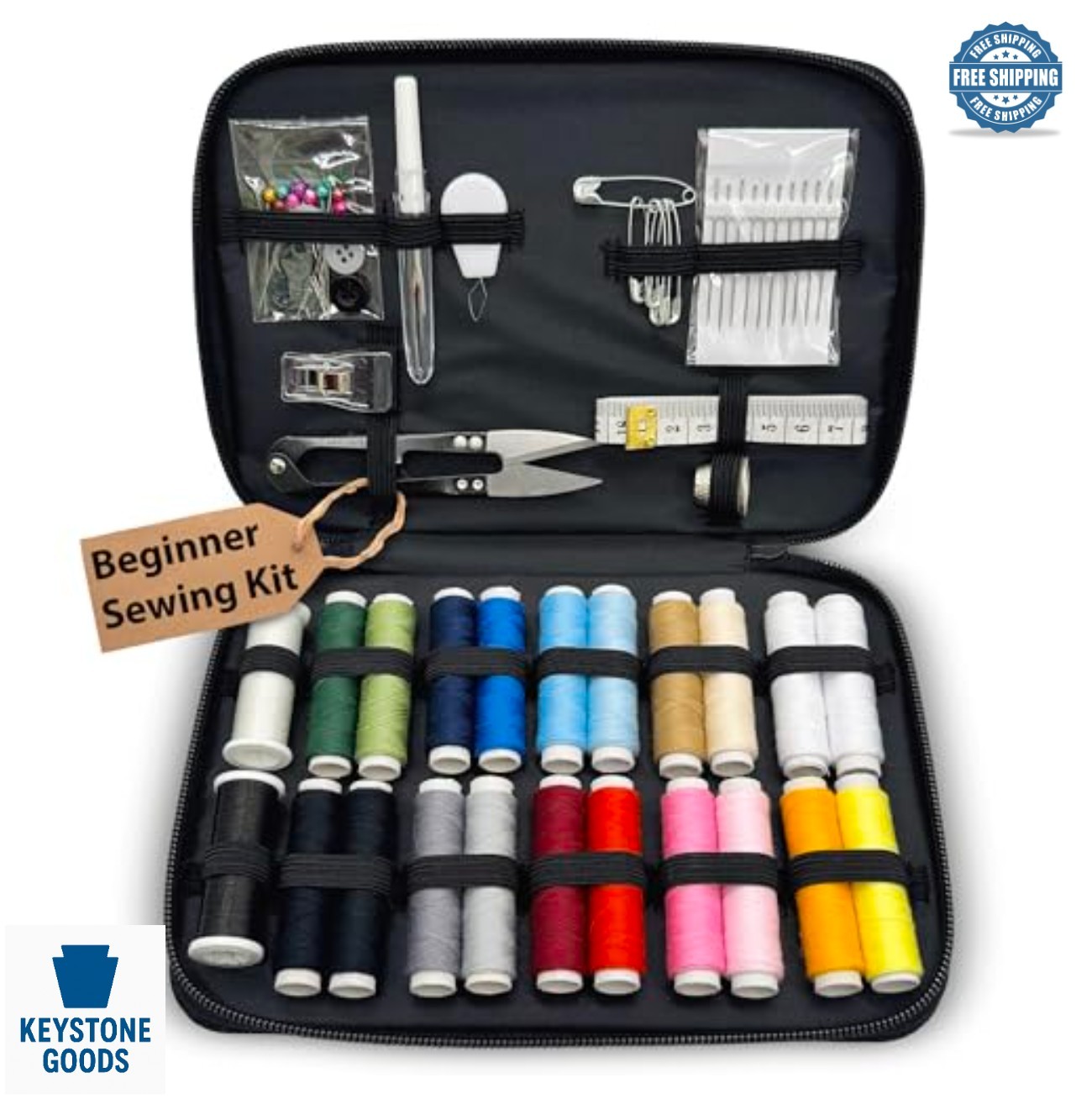 Sewing Kit 60 Piece 22 Thread Spools with Scissors Thimble Needles Travel Case