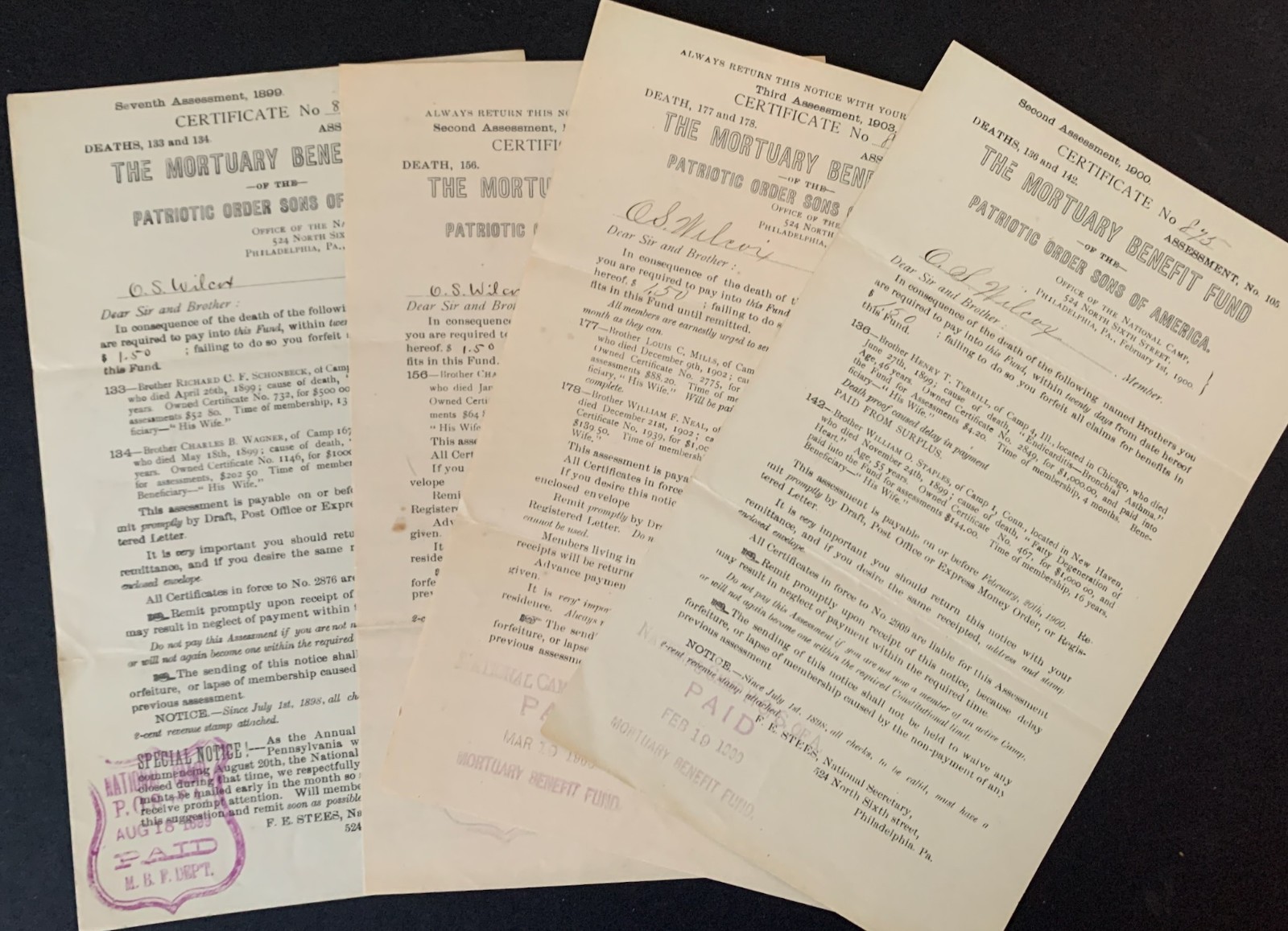 1899-1903, 4 Mortuary Death Benefit Certificates Patriotic Order Sons of America