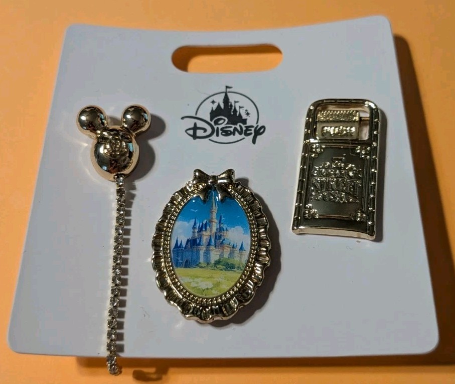 Disney Fashion Jewelry Pin Set Golden Classic Trash Can Mickey Balloon Castle 