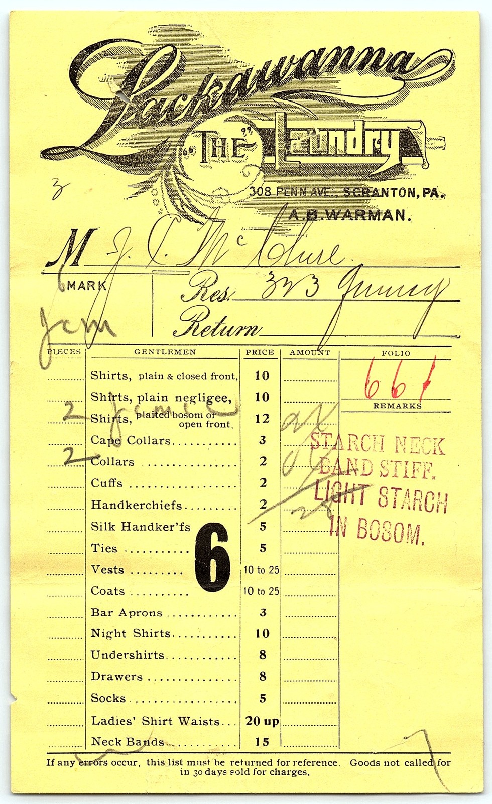 Vintage Lackawanna Laundry billhead, Scranton, PA