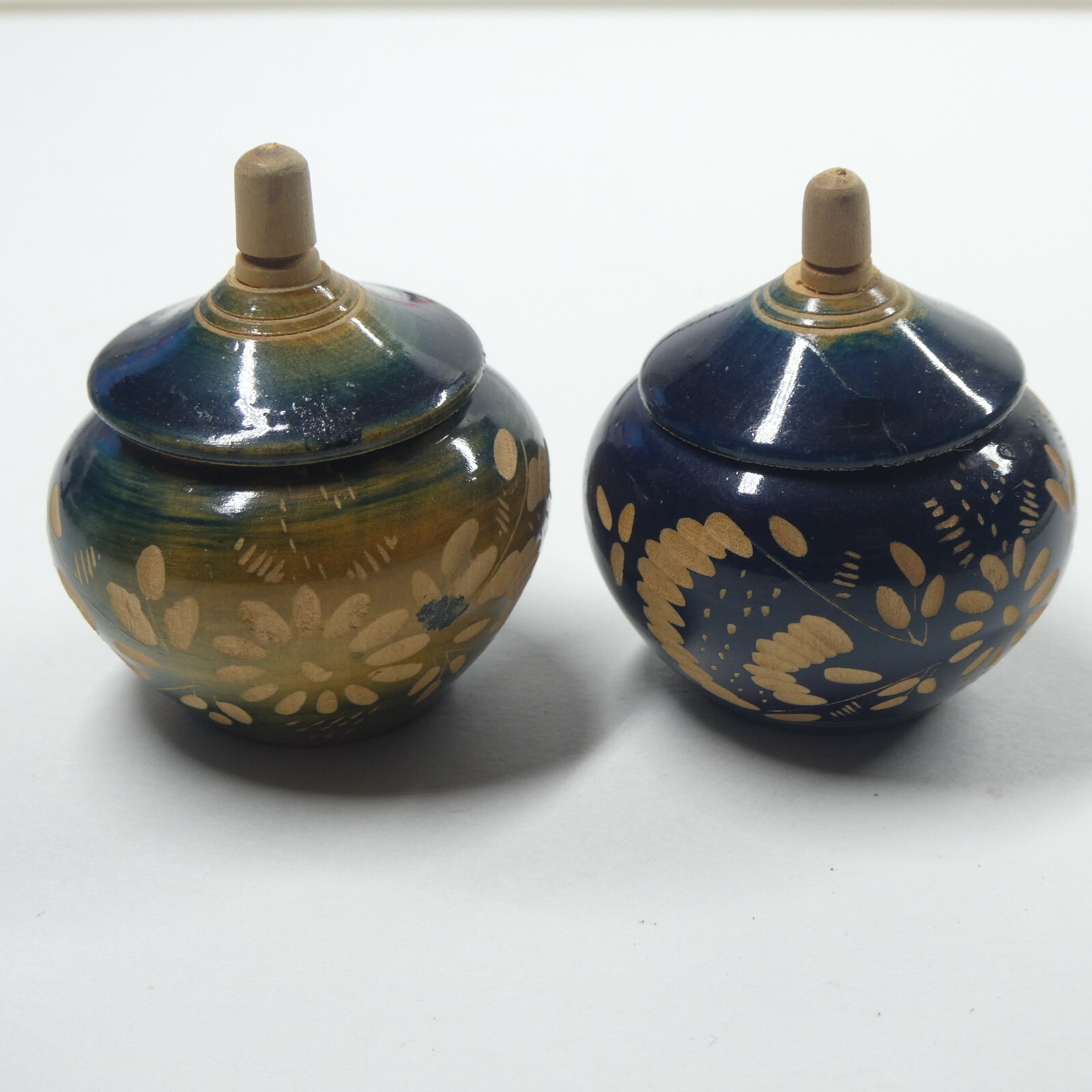 2 Turned Wood Spice Trinket Jars w/Lids Blue Floral Design Handmade Pair