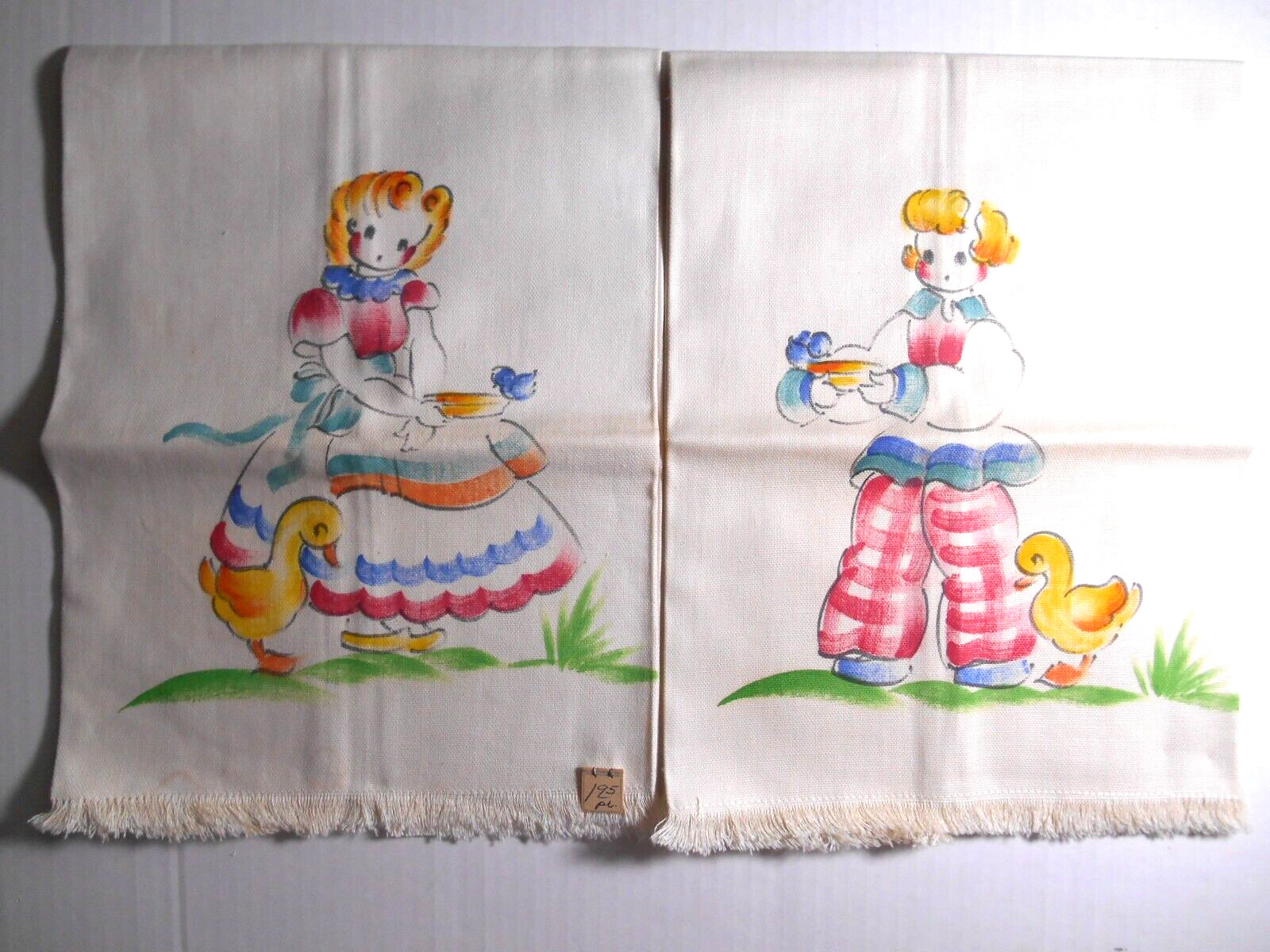 2 Vintage Hand Painted Tinted Guest Tea Towels Folk Art Boy Girl Duck Bluebird 2 Vintage Hand Painted Tinted Guest Tea Towels Folk Art Boy Girl Duck Bluebird