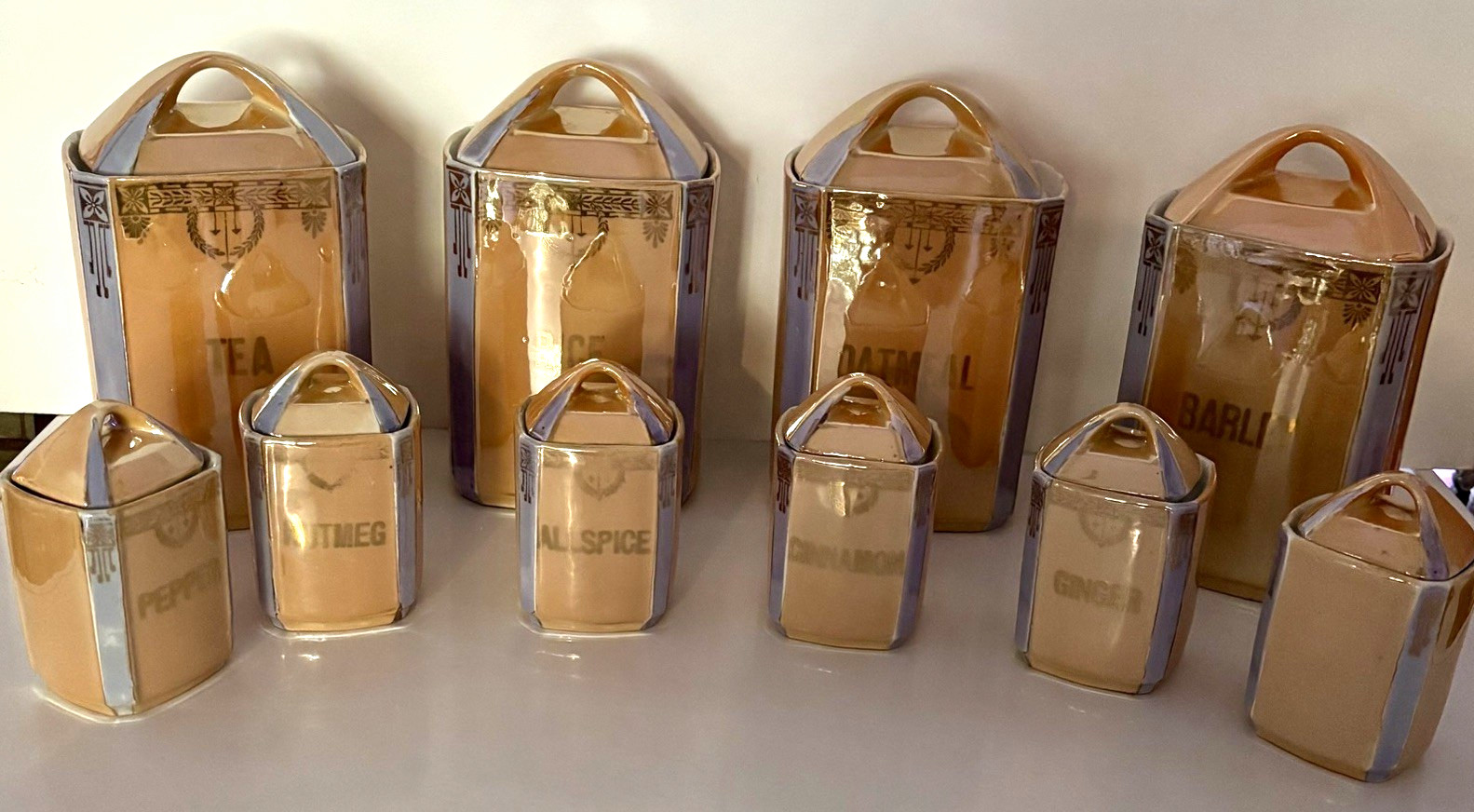Pre-WWII Mepoco Ware 10 Canister Set w Lids Lusterware - 1920-1930 Germany