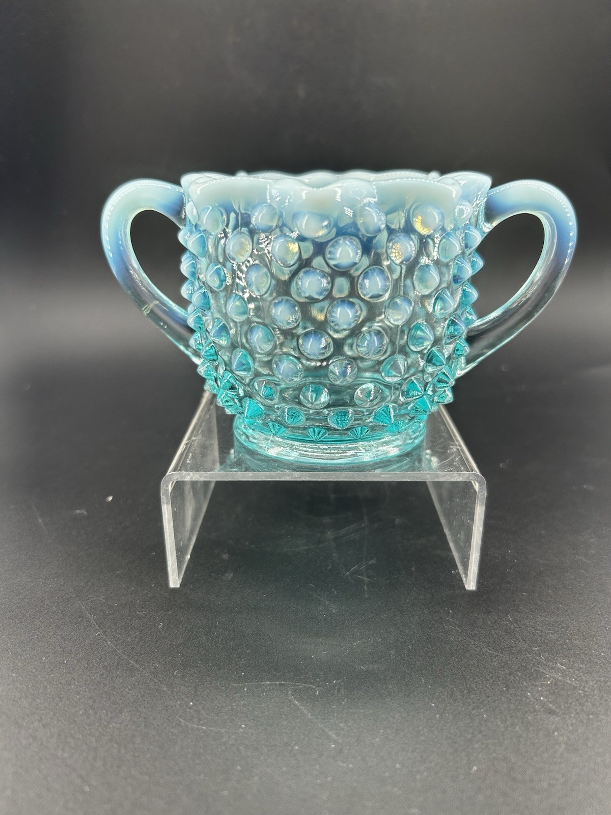 Vintage Fenton￼Opalescent, blue hobnail sugar bowl 