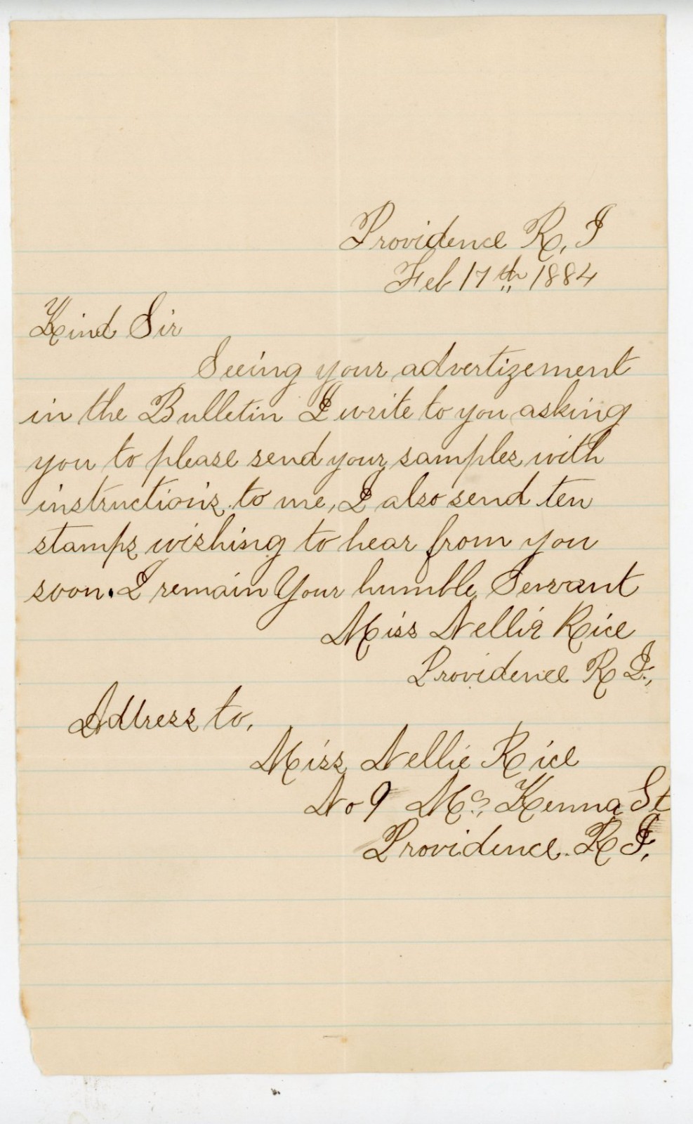 1884 Handwritten Letter Providence RI Miss Nellie Rice Sample Request Ephemera