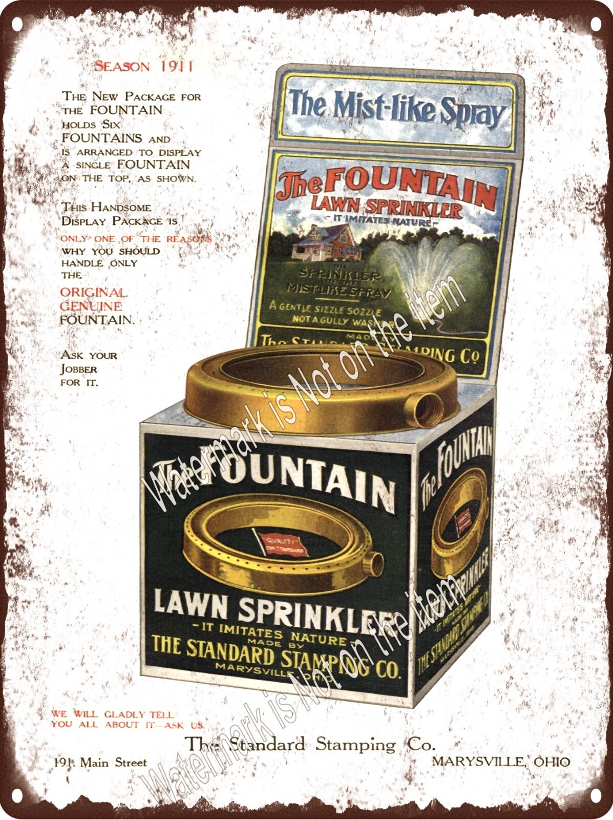 1911 Fountain Lawn Sprinkler Standard Stamping Ohio Metal Sign 9x12