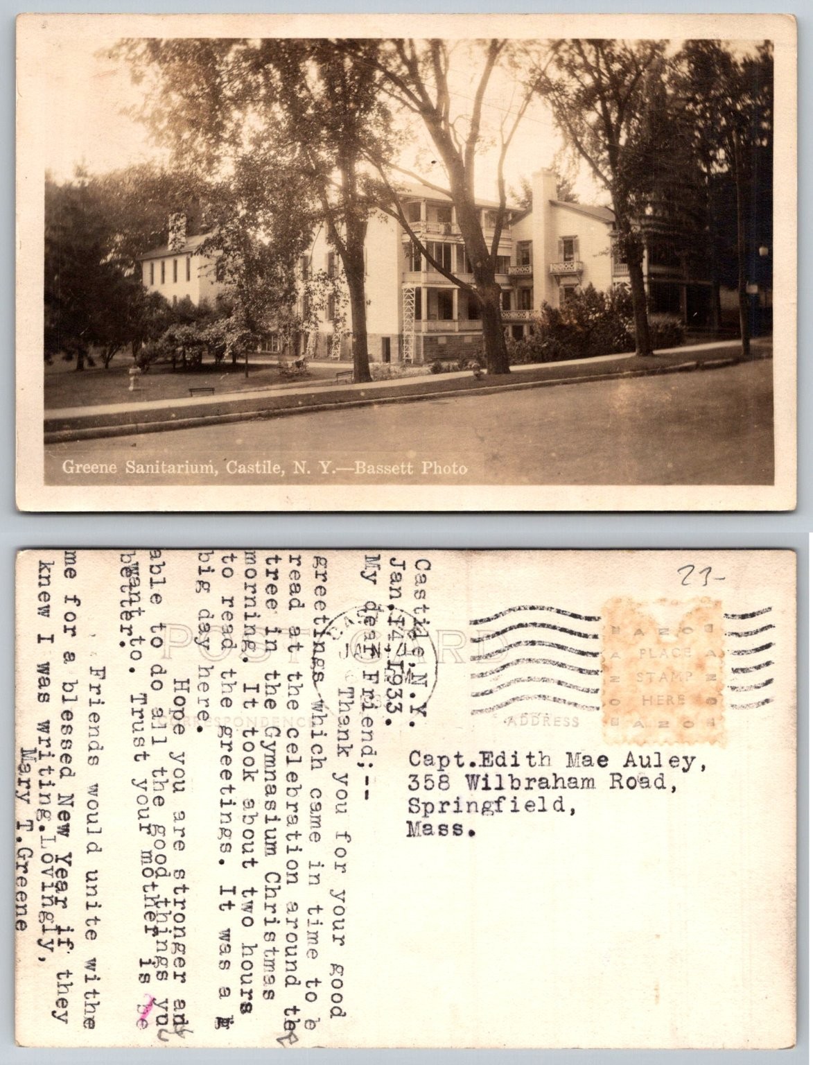 Greene Sanitarium Castile NY 1933 Bassett Photo Postcard Greene Sanitarium Castile NY 1933 Bassett Photo Postcard