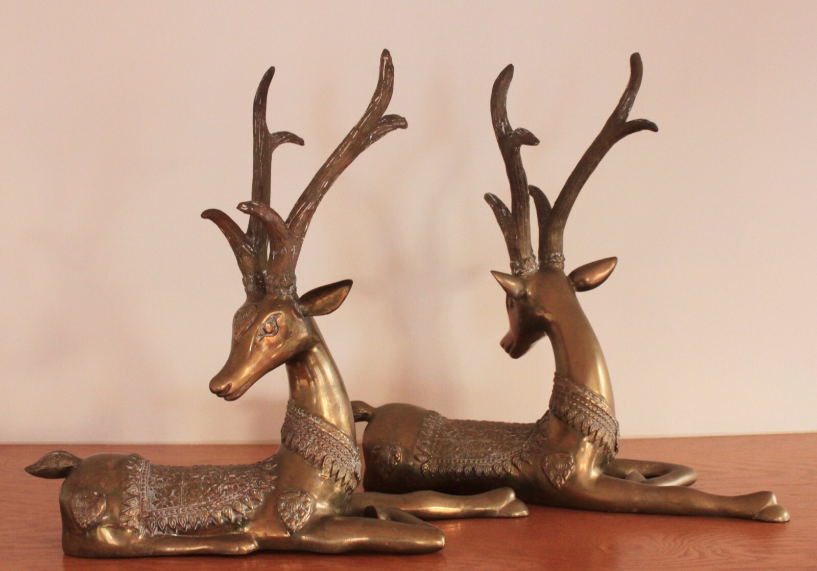 1970s Sarreid Brass Resting Stag Deer Sculpture Set Hollywood Regency MCM