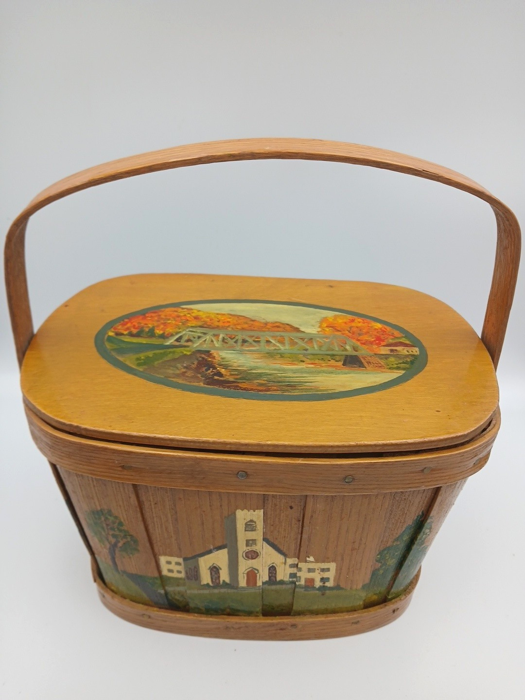 Vtg Basketville 1978 Hand Painted Wood Basket Purse w/Lid Handle Putney Vermont Vtg Basketville 1978 Hand Painted Wood Basket Purse w/Lid Handle Putney Vermont