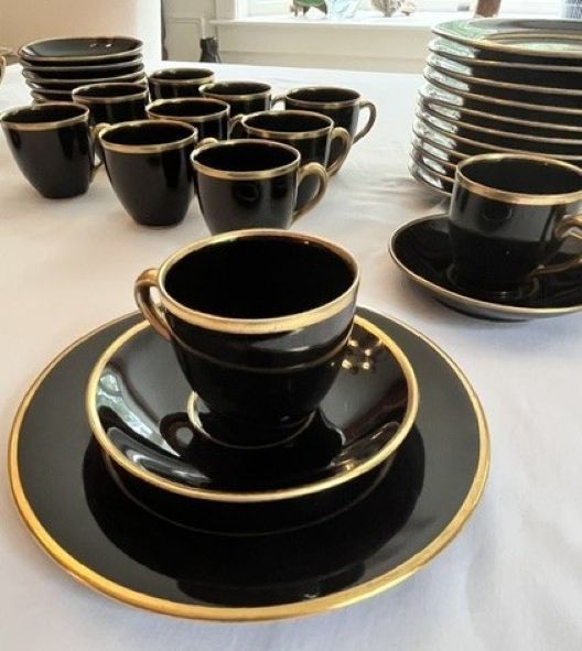 Vintage Fraunfelter China Ohio 1233 Demitasse Cup Saucer Black Gold, 2 sets of 6