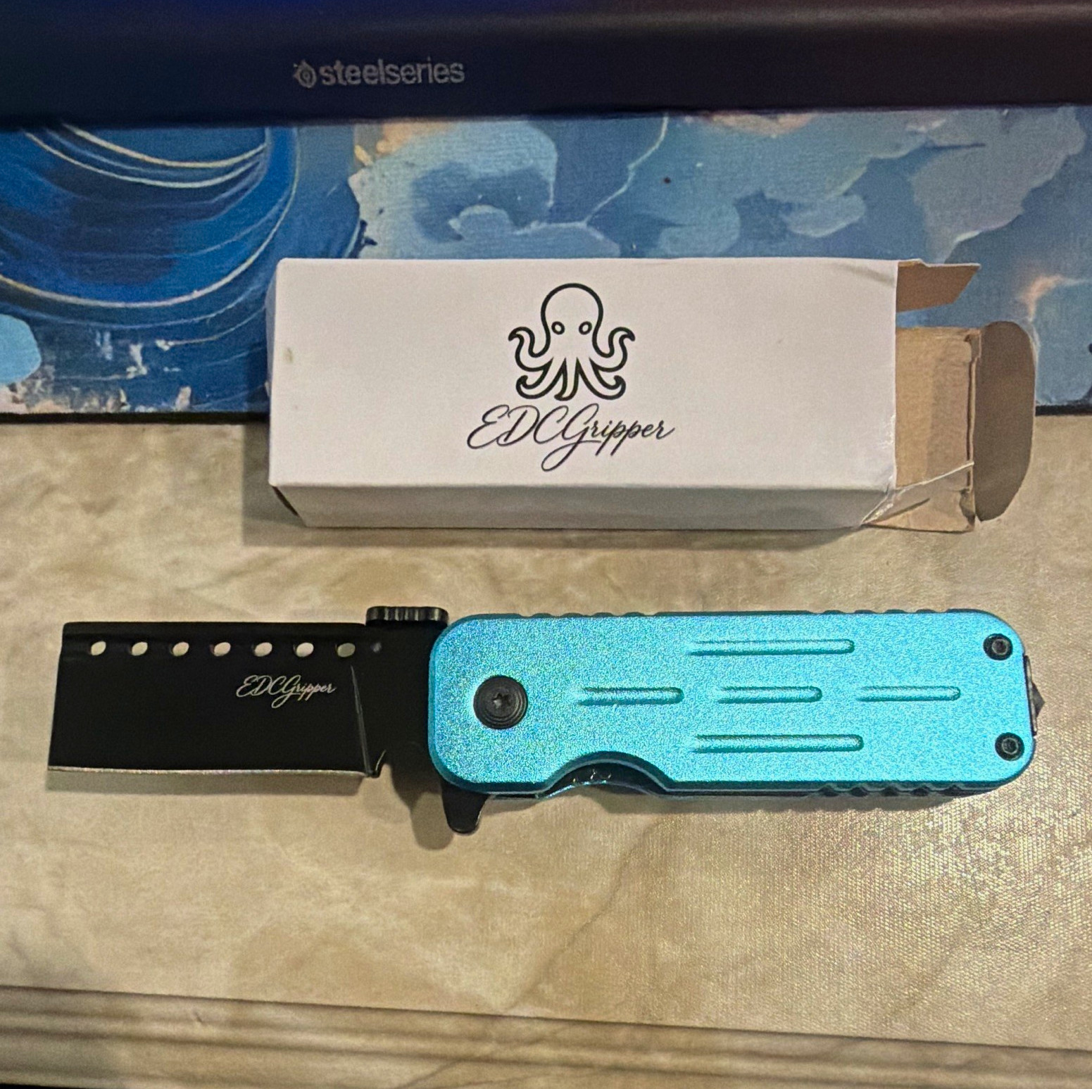EDCGripper Blue Metal Handle Tanto Plain Edge Manual Liner Lock Pocketknife