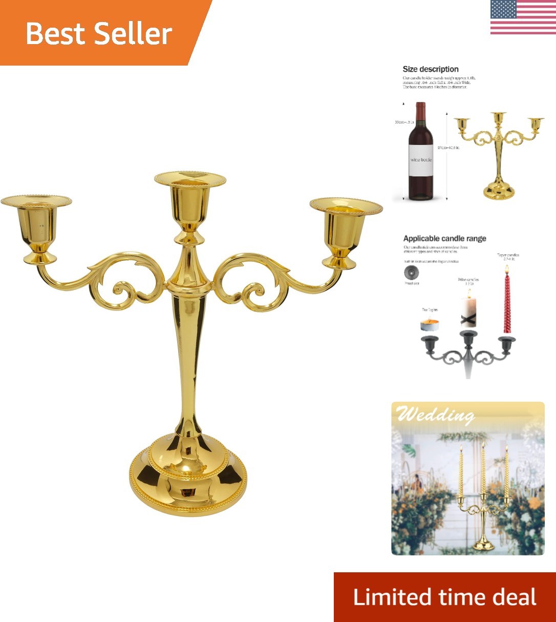 Versatile Gold 3-Arm Candelabra: Ideal for Weddings and Holiday Gatherings