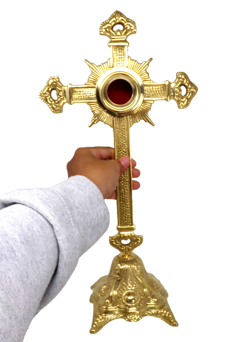 High Polished Brass Cross Monstrance Reliquary for Catholic Church or Home 16 In