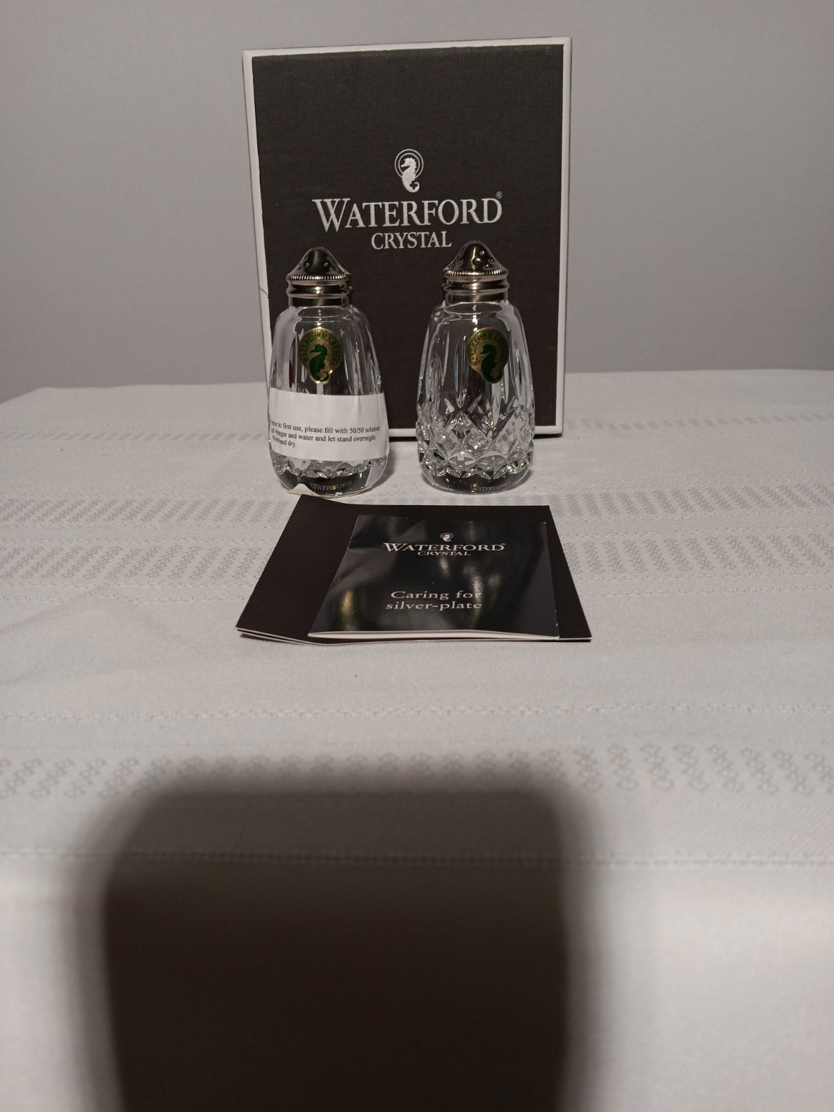 Waterford Lismore Crystal Salt & Pepper Shakers Set Clear Silverplate w/ Box NEW Waterford Lismore Crystal Salt & Pepper Shakers Set Clear Silverplate w/ Box NEW