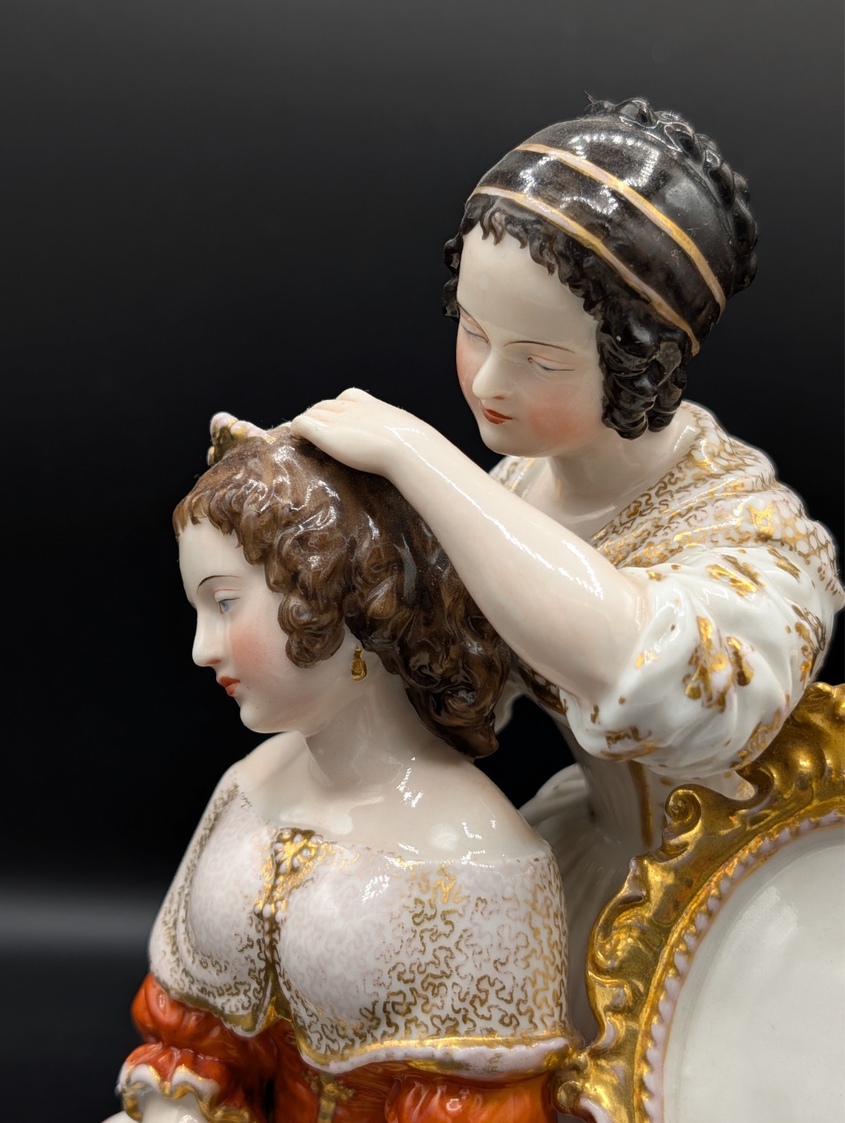 Antique 19th c Russian Miklashevski Porcelain Figurine Inkwell Maiden and a Maid
