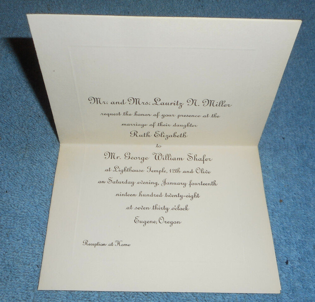 1928 Wedding Invitation & Envelope Ruth Elizabeth Miller & George William Shafer