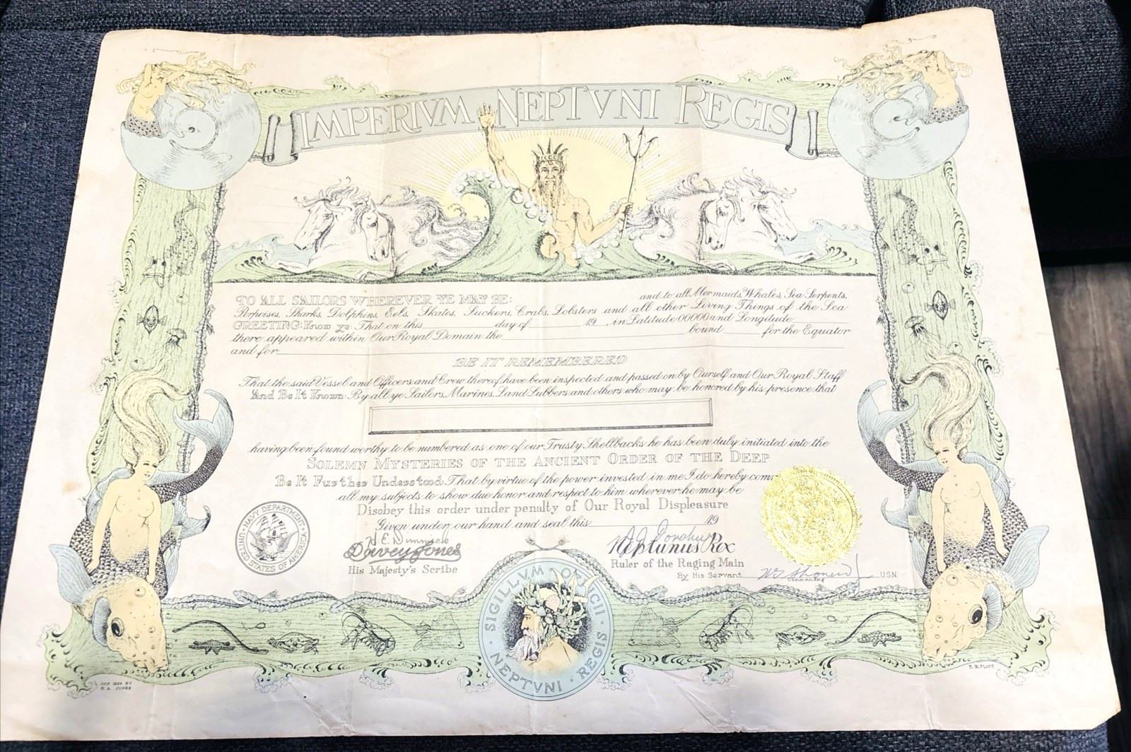 1952 USS Power DD-839 NAVY NEPTUNUS REX Navy Certificate, Photo, Plan Of The Day