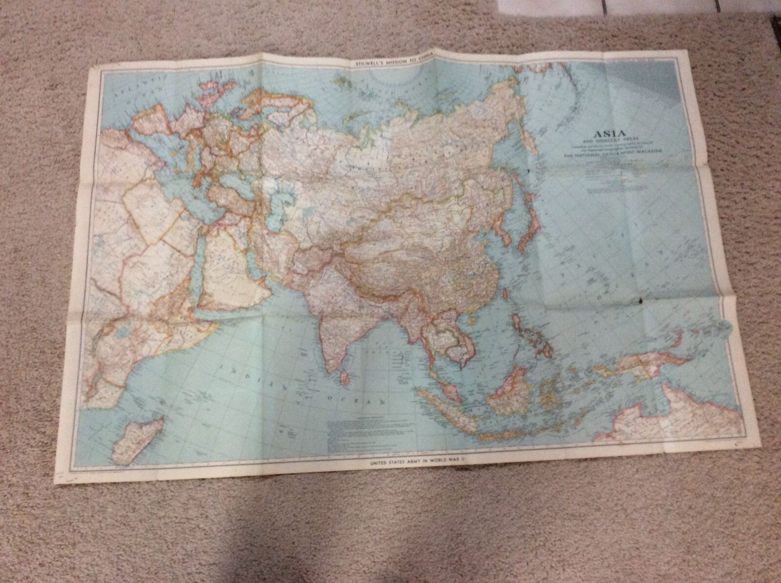 VINTAGE LARGE ASIA AND ADJACENT AREAS WALL MAP National Geographic December 1942