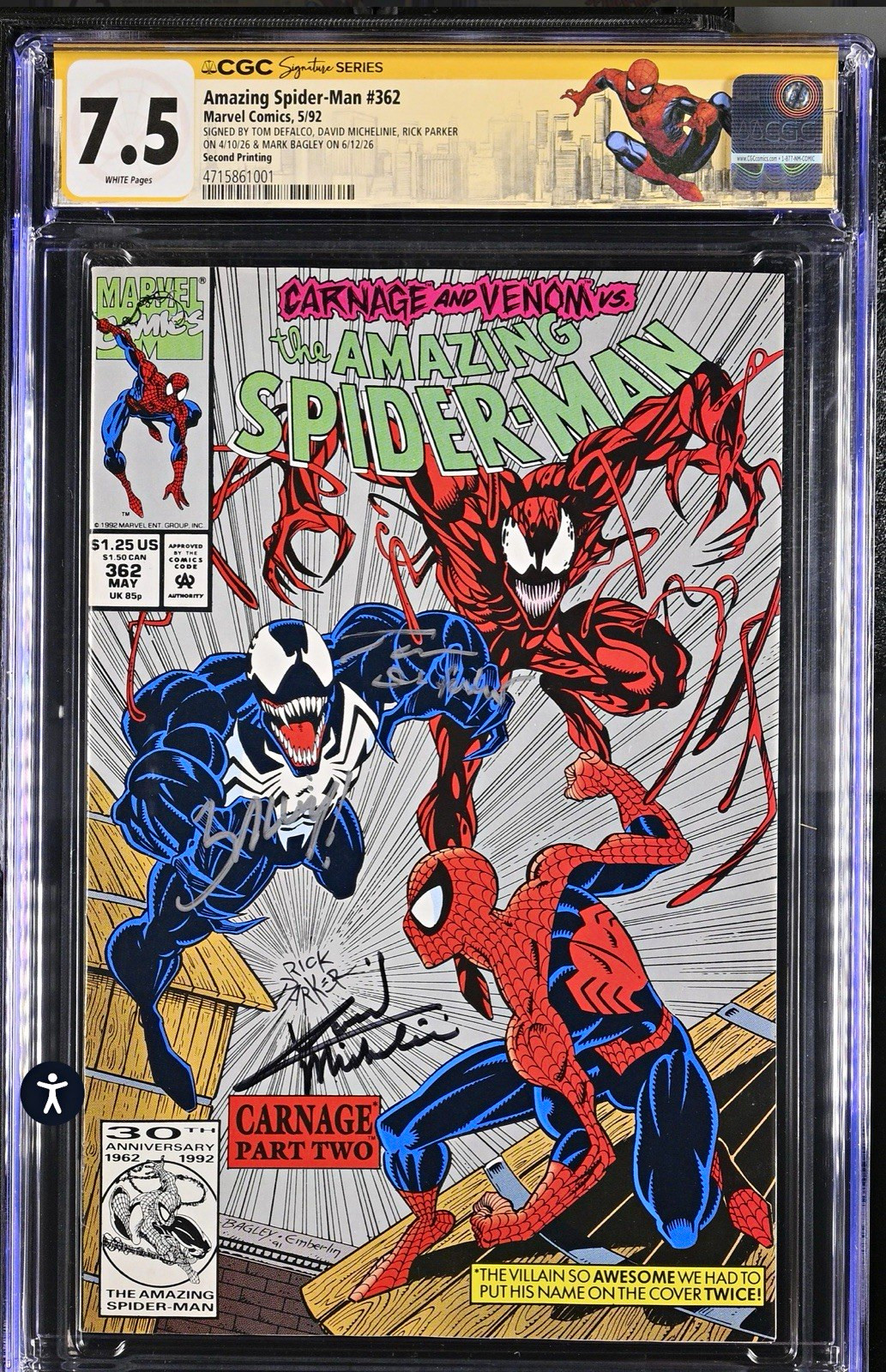 ASM 362 CGC 7.5 TOP POP (1 of 1) Signed by Bagley, Michelinie, Parker & DeFalco
