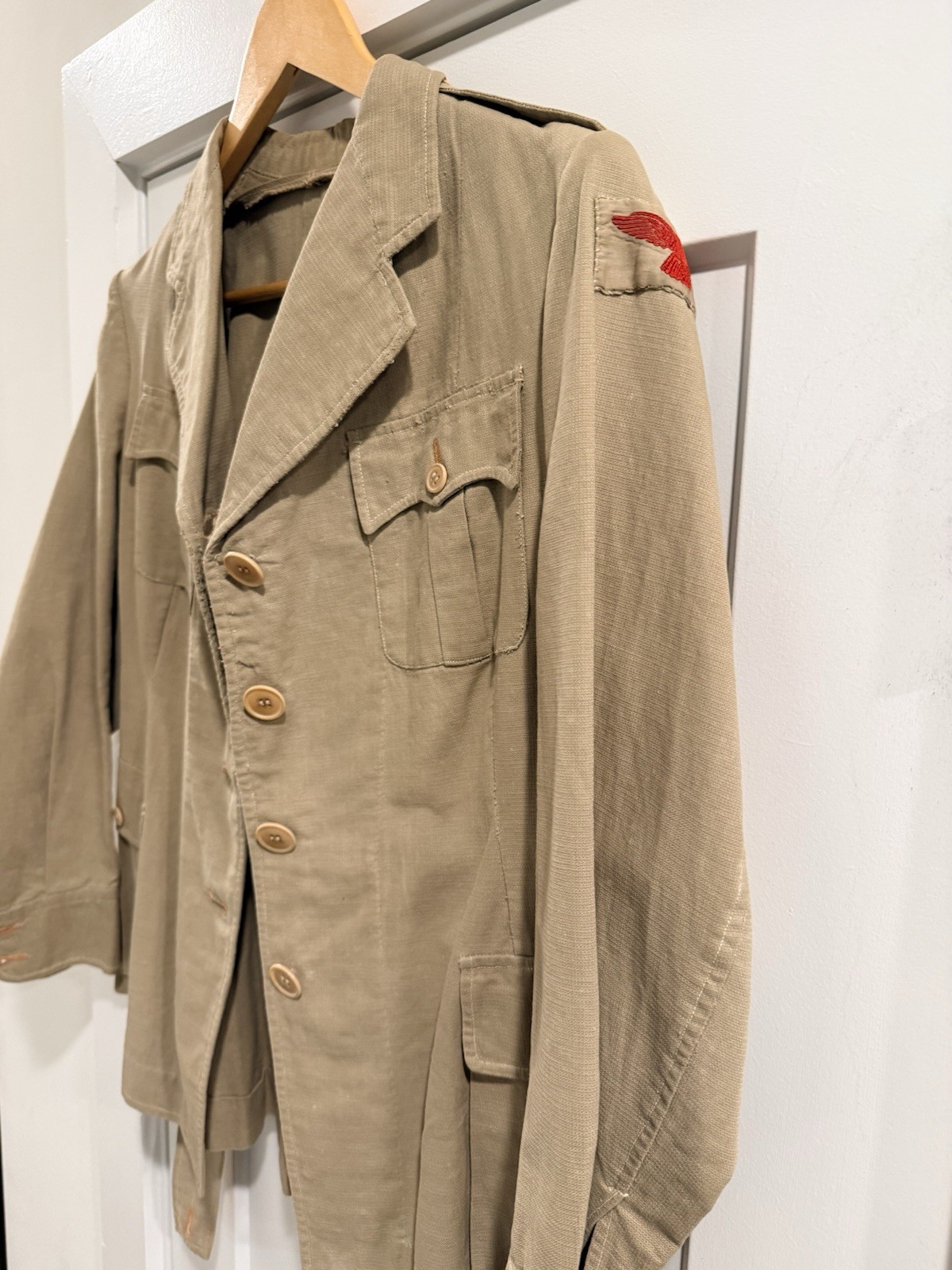 Vintage 1940s WW2 Slant Pocket Military Jacket Khaki Belted Red Eagle Patches
