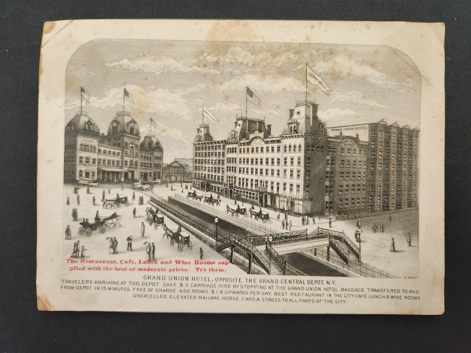 c1880s antique GRAND UNION HOTEL AD ny across GRAND CENTRAL DEPOT carriage hire