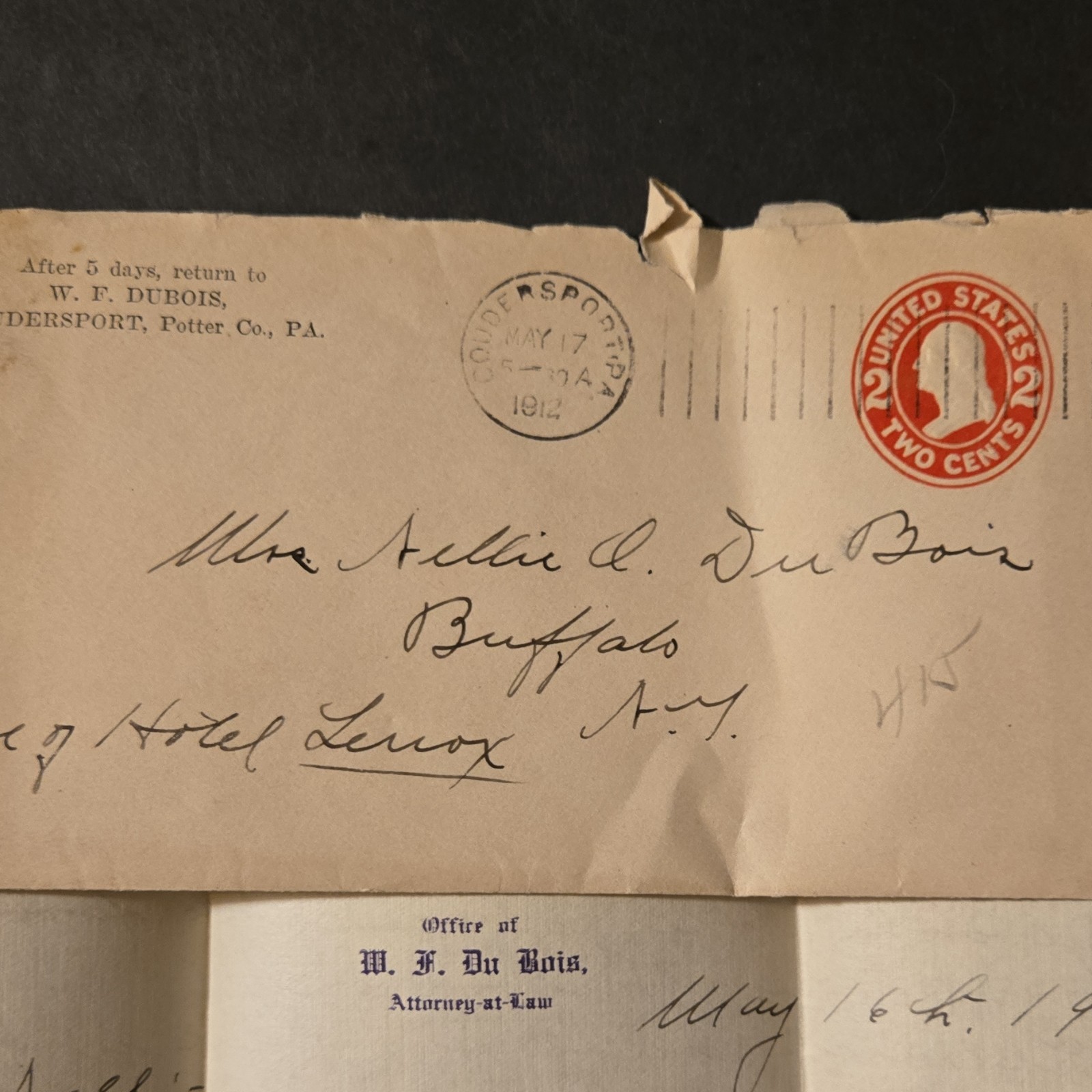 1912 Coudersport PA W. F. Du Bois Attorney Handwritten Letter & Envelope
