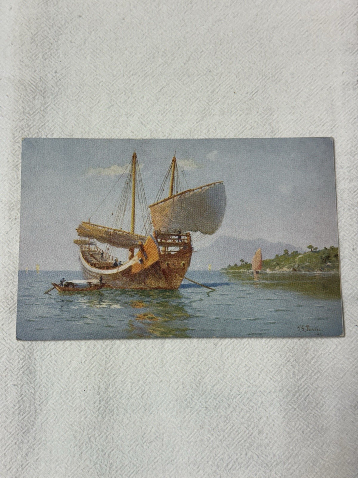 Postcard SS President Dollar Steamship Line Chinese Junk At Hong Kong 2BB13 Art