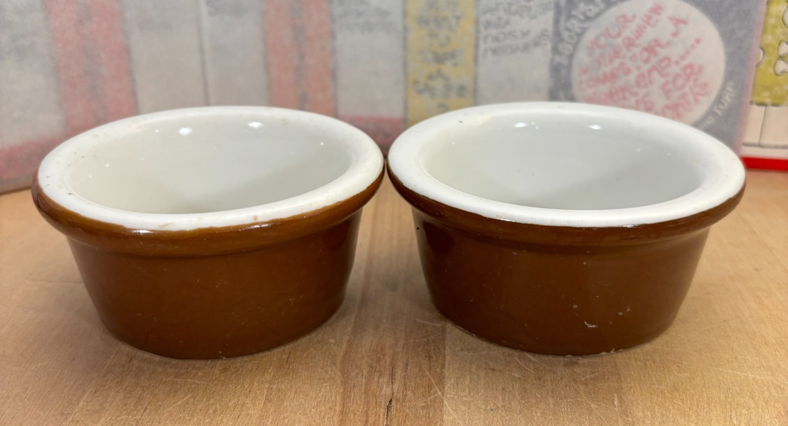 Pair Hall Pottery Custard Ramekins Bowls Brown #366 USA 4