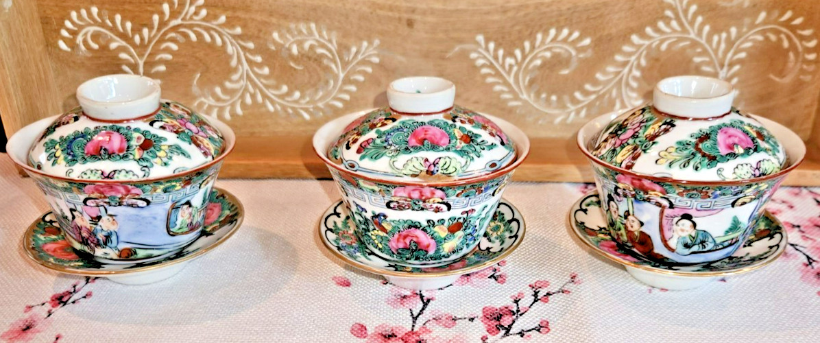 Rose  Famille Rose Medallion Lidded Tea Cups with Underplate/Bowl  9 pcs  Signed