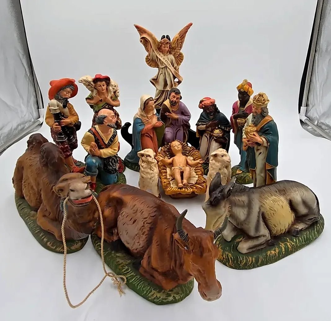 Vintage Italian Paper Mache Nativity Set 16 Pc Large Figures Made in Italy