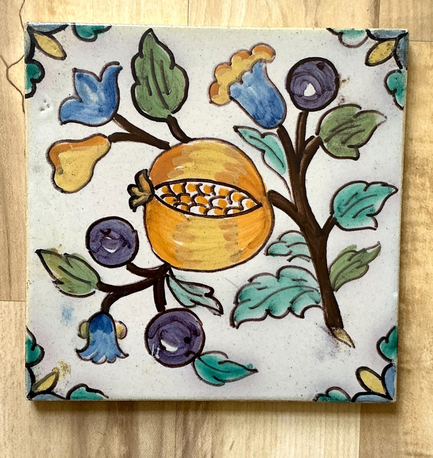 Vintage Portuguese Tile  Hand Painted Pomegranate Large 7.8 Inch Square