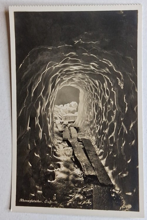 Valais Switzerland Rhone Glacier Ice Grotto Tunnel B&W Vintage RPPC Postcard UNP