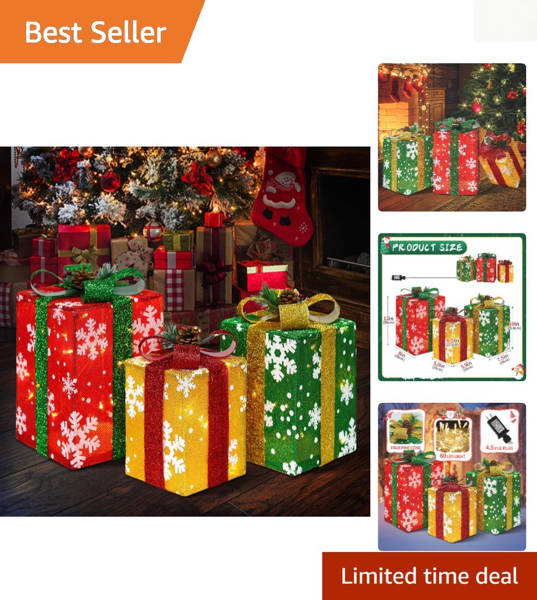 Elegant Lighted Gift Boxes Set - 3 Rectangular Holiday Decorations with LEDs Elegant Lighted Gift Boxes Set - 3 Rectangular Holiday Decorations with LEDs