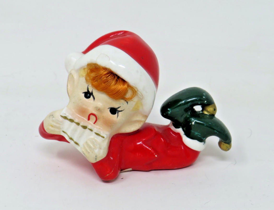 Vintage Napco Christmas Elf Pixie Playing Pan Flute Figurine Red Hair 