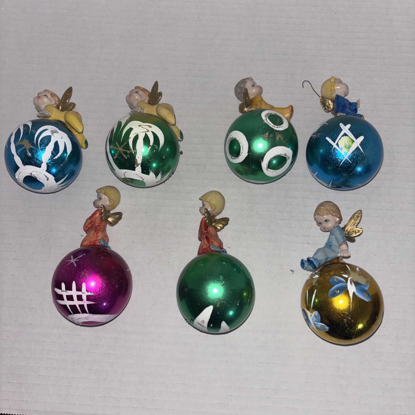 Vintage Fontanini Angel on Ball Christmas Ornament Depose Italy Lot Of 7