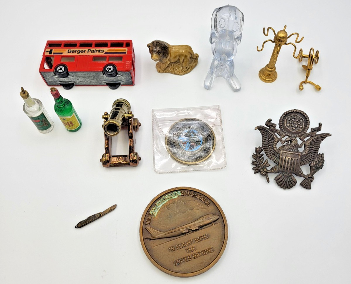 VTG. Grandpa\'s Desk/ Junk Drawer Lot Miniatures, Military, Medallion, Matchbox