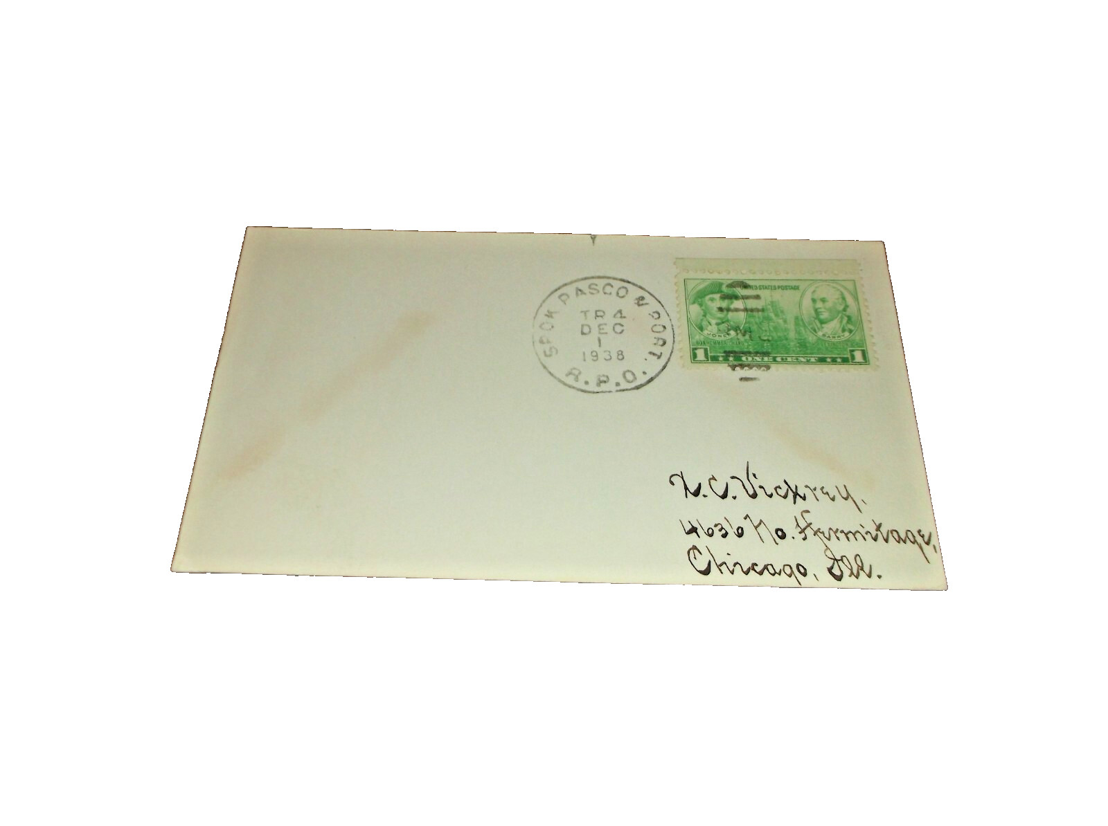 DECEMBER 1938 SPOKANE PORTLAND & SEATTLE SP&S RPO HANDLED SOUVENIR POST CARD