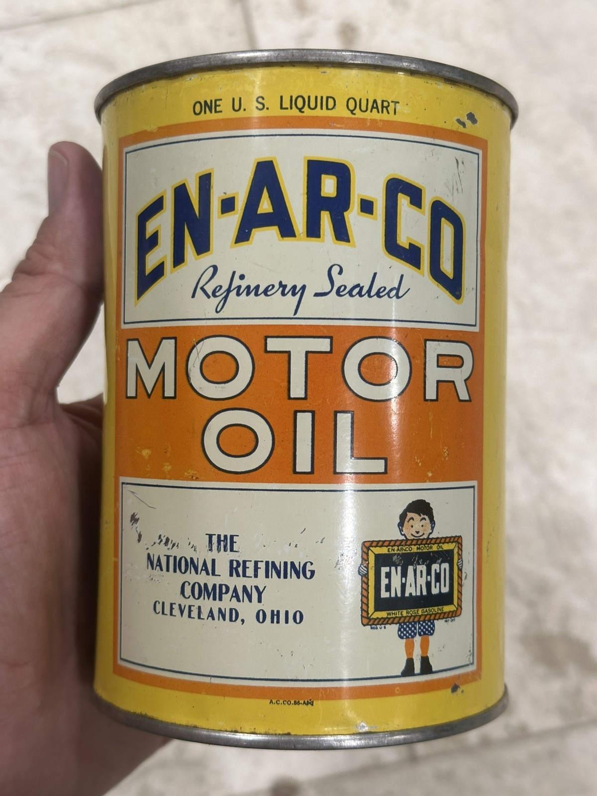 Vtg ENARCO MOTOR OIL QUART TIN CAN Soldered Seam Cleveland Ohio Empty Original