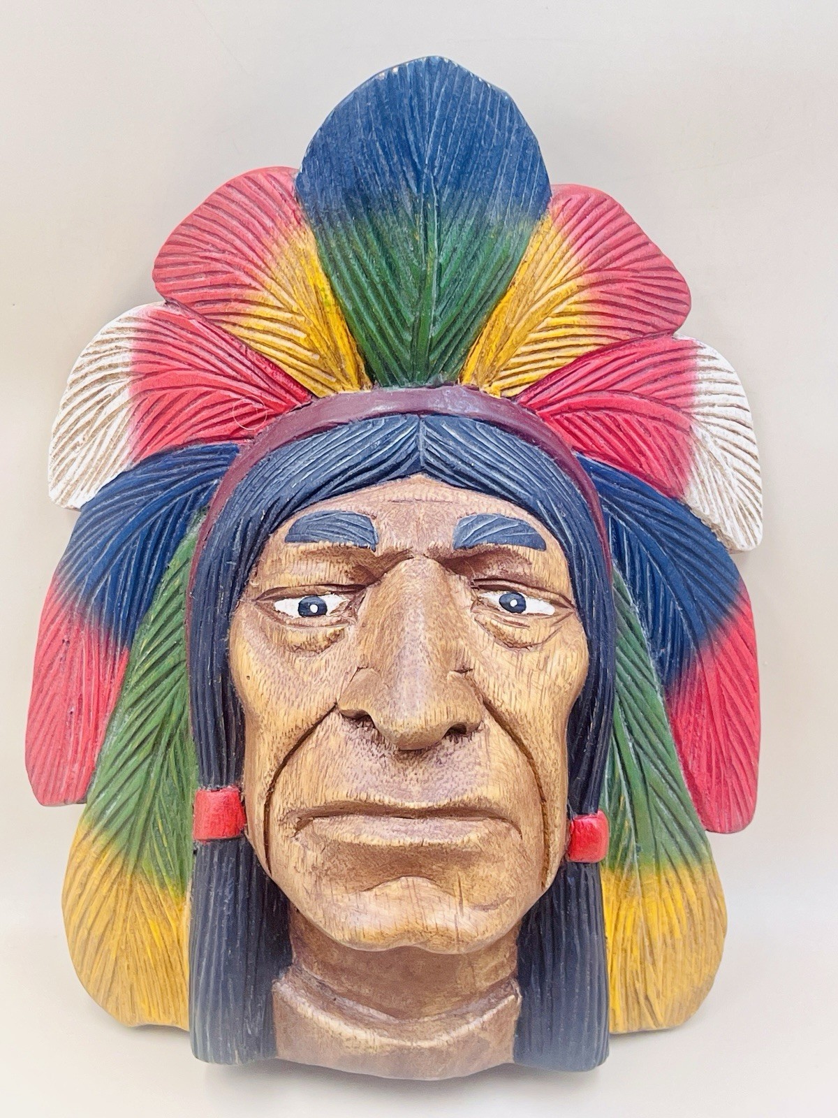 Vintage Hand Carved Solid Wood Indian Head Warrior Chief Wall Hang Sculpture 13”