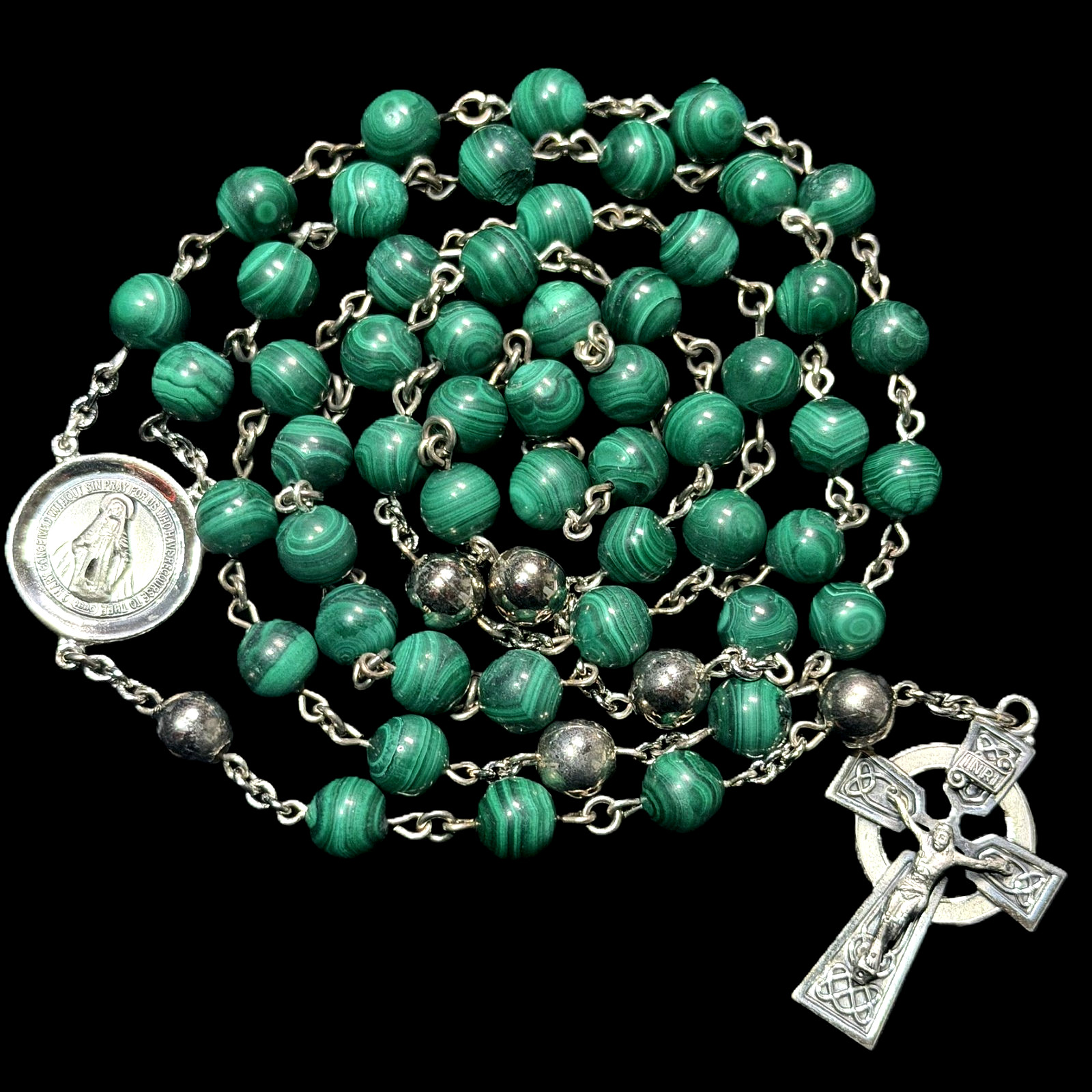 CREED Sterling Silver Green Malachite Gemstone Celtic Irish Catholic Rosary 23 CREED Sterling Silver Green Malachite Gemstone Celtic Irish Catholic Rosary 23